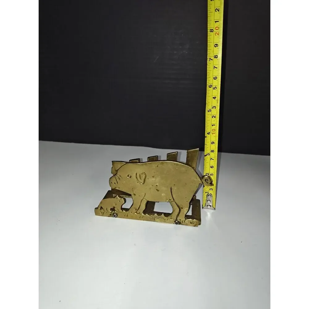 Vintage Brass Farm Pig Family & Fence Napkin Letter Holder Homestead Old Kitchen